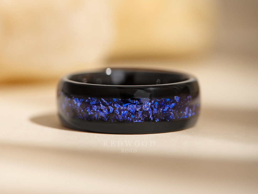 Fashion Month Black Ceramic Ring - 8mm Wide Band With Koa Wood & Solid Turquoise Inlay, Vintage Wedding Band For Men & Women