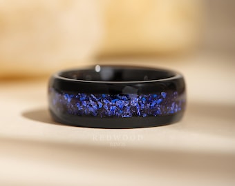 Black Sapphire Ring, Men&#39;s Wedding Band, Anniversary Gift, Blue Ring, Promise Ring, Lab Created Sapphire Ring, Crushed Gemstone Band , 8MM