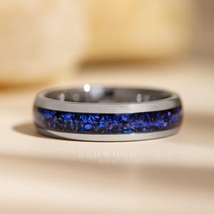 Mens Sapphire Ring, Silver Tungsten Ring,  Dark Blue Lab Created Sapphire Gemstone Inlay, 6MM Width Mens Wedding Band, Blue Ring