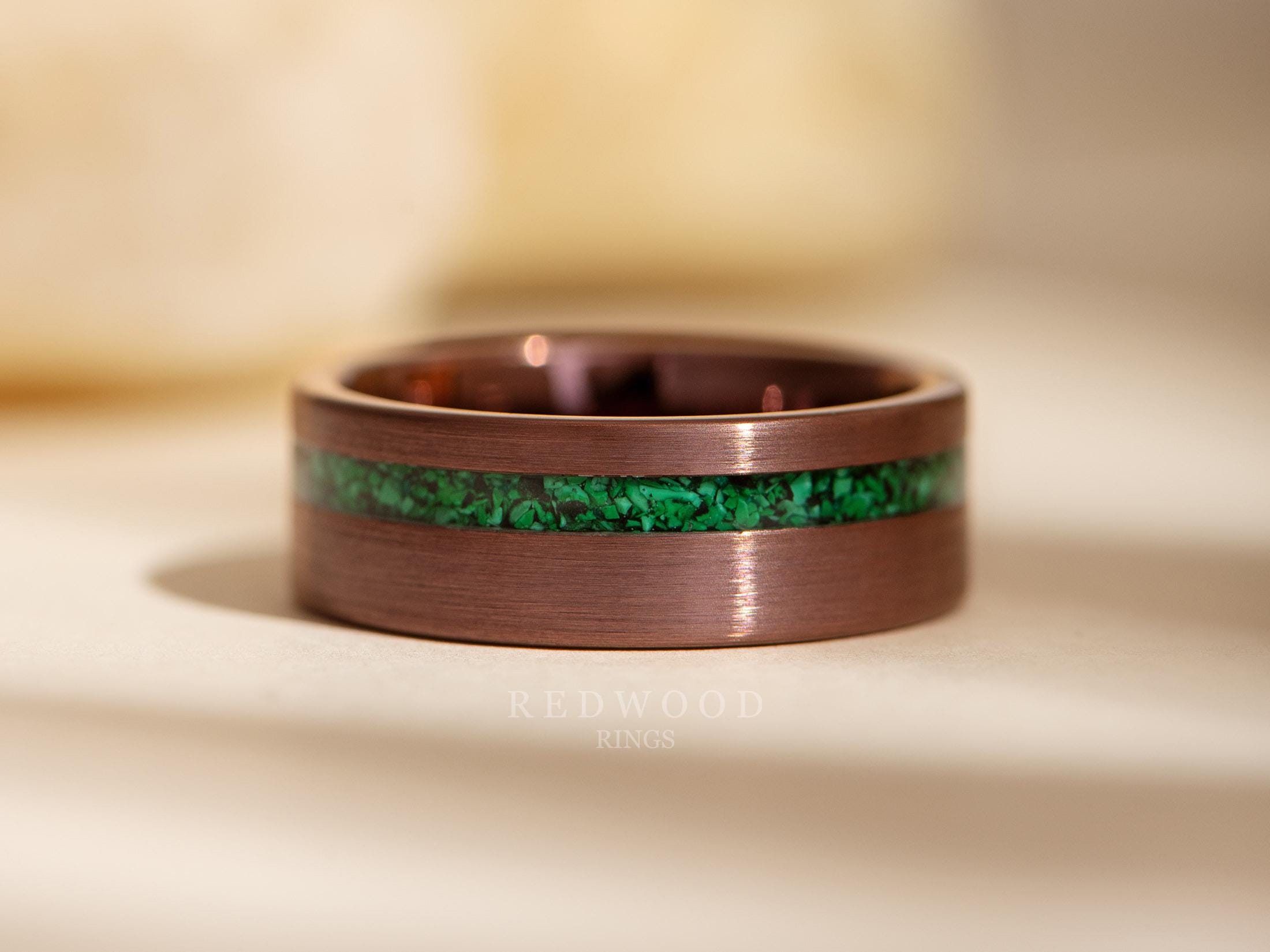 Brown Tungsten Ring With Malachite Inlay, 8MM Ring, Men's Wedding Band, Engagement Ring, Green Band, Women's Ring, Brushed Anniversary Ring