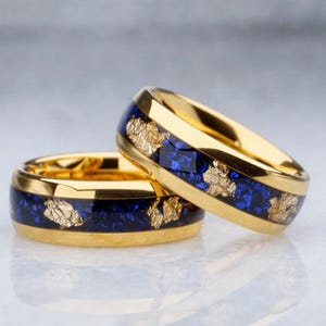 Gold Sapphire Foil Ring, 8MM Tungsten Ring With Gold Leaf and Blue Lab Created Sapphire Inlay, Mens Wedding Band, Women&#39;s Anniversary Gift