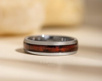 6mm Redwood Ring, Silver Tungsten Ring with Sequoia Red Wood Inlay, Mens Engagement Ring, Wedding Ring, Wood Ring for Him