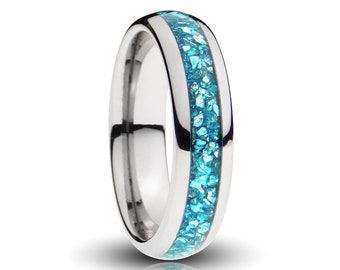 Aquamarine Tungsten Ring, Gemstone Wedding Band, Crushed lab Aquamarine inlay,  6MM Tungsten Band, Blue Ring, Promise Ring, Men Women's Ring