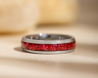 Red Garnet Tungsten Ring, Gemstone Wedding Band, Crushed Lab Created Garnet Red Ring, 6MM Anniversary Band, Silver Ring, Men's Ring, Womens