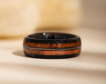 Guitar String Ring, Koa Wood Band, Black Ring, Wedding Ring, Tungsten Band, 8MM Promise Ring, Musician Ring, Men's Brown Ring, Wood Ring