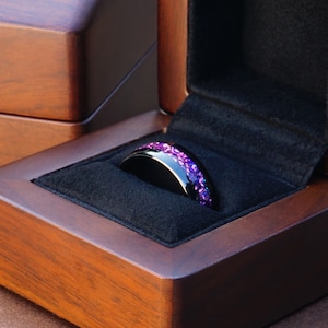 black alexandrite tungsten ring, black polished 8mm ring with purple lab alexandrite inlay, mens wedding band, luxury wood ring box