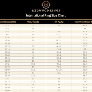 Redwood Rings International Ring Size Chart, ring size guide for US and european sizes, millimeter diameter and circumference