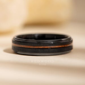 Koa Ring, Black Tungsten Ring, 6mm Matte Black Ring With A Koa Wood Strip Inlay, Wood Engagement Ring, Wedding Ring, Ring for Men, Women&#39;s