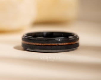 Koa Ring, Black Tungsten Ring, 6mm Matte Black Ring With A Koa Wood Strip Inlay, Wood Engagement Ring, Wedding Ring, Ring for Men, Women&#39;s