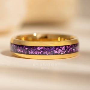Lab-Created Amethyst Band, Gold Plated Tungsten 6MM ring, Wedding Ring, Men&#39;s Ring,  Engagement band, Purple Ring, Gemstone Ring
