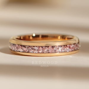 Rose Gold Morganite Ring, Tungsten Ring With Peach Pink Lab Created Morganite Inlay, Men&#39;s Wedding Band, Anniversary Gift, Women&#39;s Ring, 4MM