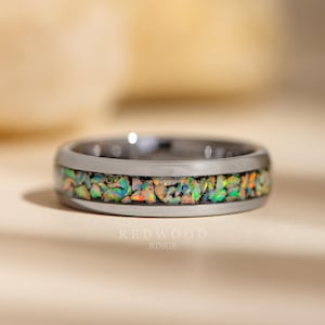 Men&#39;s White Opal Ring, Silver Tungsten Ring, 6MM Width Men&#39;s Wedding Band, White Ring,  Women&#39;s Band, Unique Jewelry , Promise Ring,