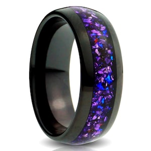 Lab Alexandrite Ring, Black Wedding Band, Polished Tungsten Band, Anniversary Gift , Purple Ring, Promise Ring 8MM, Men's Band, Womens Ring image 5