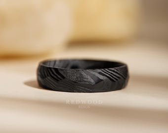 Black Hammered Damascus Ring, 6MM Width - Comfort Fit, Rugged Texture Mens, Mens Engagement Band, Black Band