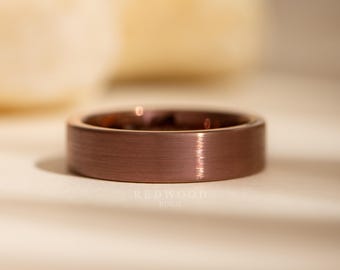 Brown Tungsten Ring, 6MM flat Brushed Wedding Band, Espresso Chocolate Minimalist Band, Simple Promise Ring, Flat Ring, Men&#39;s Ring,