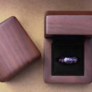 alexandrite tungsten ring, black polished ring with purple lab alexandrite inlay, unique mens wedding ring, walnut wood box