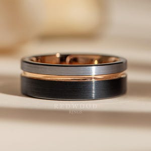 Tri Color Tungsten Ring,  Black and Silver Brushed Finish with Rose Gold Strip, Unique Engagement Ring, 8MM Width
