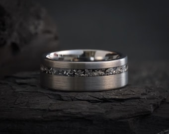 Space Jewelry Ring: Silver Meteorite Inlay, 8MM Tungsten Band