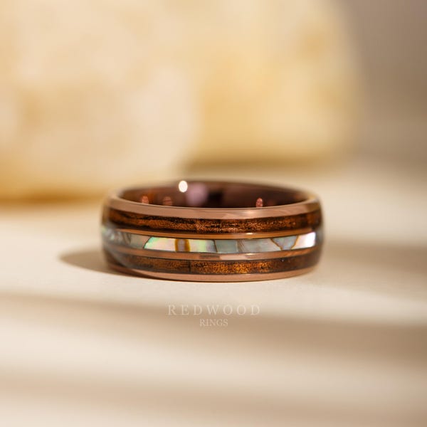 Hawaiian Tungsten Ring, Brown Ring, Koa Wood and Abalone Inlays, 8MM Men's Wedding Ring, Wood and Shell Engagement Band