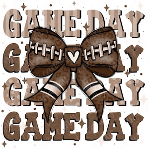 May include: A digital graphic with the words "GAME DAY" in a brown and tan font. A football-themed bow with a white heart in the center is the focal point. The words "PNG File" are also present.