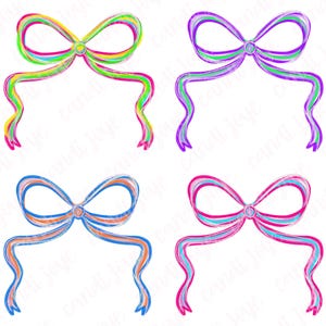 May include: A collection of four watercolor bows in various color schemes: green, purple, blue, and pink. Each bow has long, flowing ribbons. The text "Preppy Bow Bundle" is written in black script below the bows. The bows are on a white background.