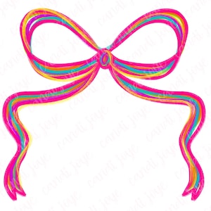 Może przedstawiać: Kolorowa ilustracja kokardy w stylu akwareli z różowymi, żółtymi, niebieskimi i pomarańczowymi paskami. Kokarda ma długie, płynące wstążki. Tekst "Preppy Bow PNG" jest napisany różowym pismem poniżej.