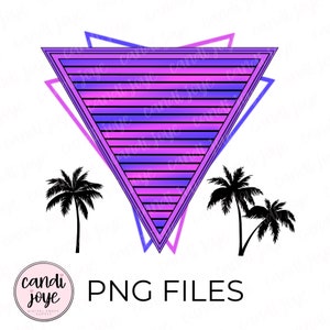 May include: A digital download of a graphic design featuring a pink and purple gradient triangle with black stripes, surrounded by two black palm trees. The text "PNG FILES" is below the triangle.
