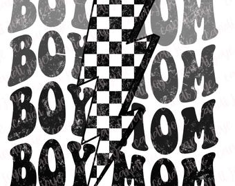 Boy Mom PNG - Boy Mama Checkered Lightning Bolt - Sublimation Design - Mom of Boys - Vintage Retro Wavy Boy Mama - Mama Distressed PNG