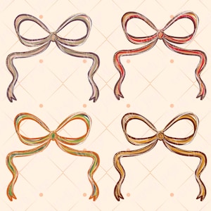 Puede incluir: Cuatro lazos de acuarela en tonos marrón, rojo, dorado y verde. Cada lazo tiene un nudo detallado y cintas fluidas. La imagen está etiquetada como "Preppy Fall Bow PNG Bundle" en una fuente de escritura.