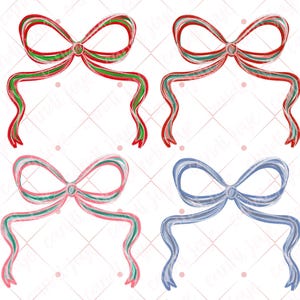 May include: Four watercolor bows in red, green, pink, and blue. The bows have a preppy style, with a layered ribbon design and a small decorative center. The text "Preppy Christmas Bow PNG Bundle" is below the bows.