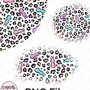 May include: Three digital clipart images of Easter bunny shaped peeps on a leopard print background. The images are in the shape of a circle, oval, and a freeform shape. The background is white with a subtle glitter effect.