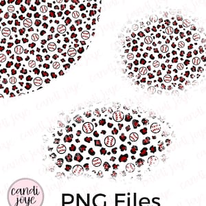 May include: Three digital clipart images of a white background with a red and black leopard print pattern with baseballs. The baseballs have red stitching and a black outline. The images are in the shape of a circle, a half circle, and a cloud.