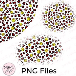 May include: Digital PNG files showcasing a softball design with a leopard print pattern. The design incorporates yellow softballs with red stitching, black spots, and red accents on a white backdrop. The text "PNG Files" is displayed in black.