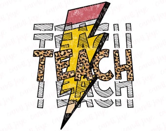 Teacher PNG - Pencil Lightning Bolt PNG - Teacher Sublimation Design - Leopard Teacher Shirt Design - Back to School PNG - Teach Png