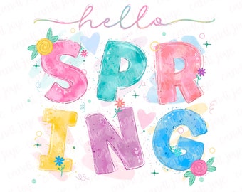 Hello Spring PNG - Watercolor Floral Sublimation PNG - Pastel Doodle Spring Design - Heart Doodle Letters - Springtime Clipart - Printable