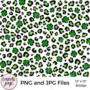May include: A seamless digital paper pattern featuring a white background with black leopard spots and green four-leaf clover shapes. The pattern is 12 inches by 12 inches and 300 dpi.