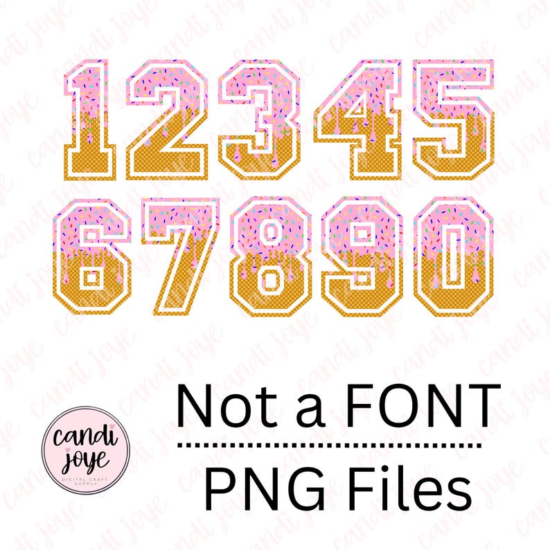 Op de afbeelding: Digitale PNG-bestanden met de cijfers 0-9 ontworpen als donuts. Elk nummer heeft roze glazuur met hagelslag en een wafelbasis. De tekst "Not a FONT" en "PNG Files" is ook inbegrepen.
