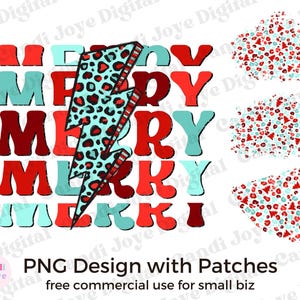 May include: A digital design featuring the word "Merry" in a bold, retro font with a lightning bolt graphic. The design is in red, blue, and white with a leopard print pattern. The design is accompanied by three red, white, and blue patterned patches.