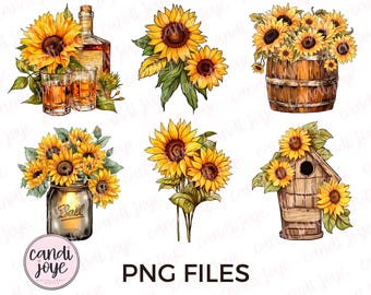 Imágenes prediseñadas de girasol - Girasoles y whisky - Gráficos de imágenes prediseñadas occidentales - Girasoles en un frasco - Girasol PNG con pajarera - Imágenes prediseñadas rústicas