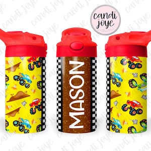 May include: A yellow and red personalized water bottle with a straw lid. The bottle has a checkered pattern and a graphic of monster trucks. The name "MASON" is printed on the bottle.