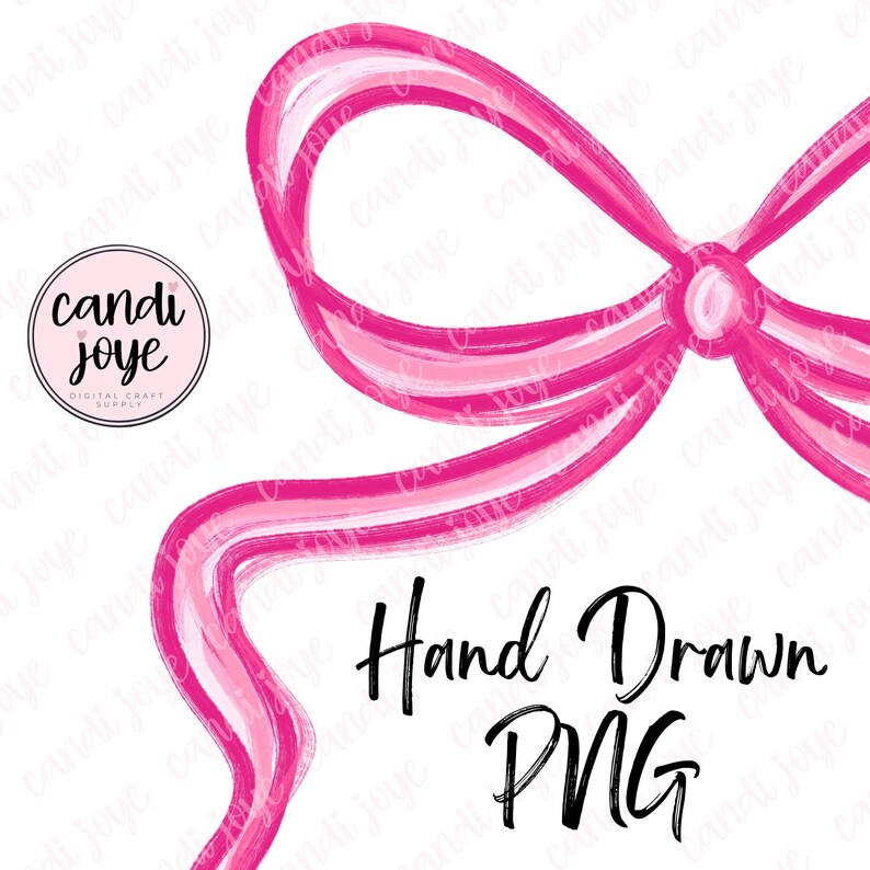 May include: A hand-drawn pink bow illustration with a watercolour effect. The bow has multiple layers of pink shades and the text "Hand Drawn PNG" in black script. A circular logo with the text "candi joye" is in the upper left corner.