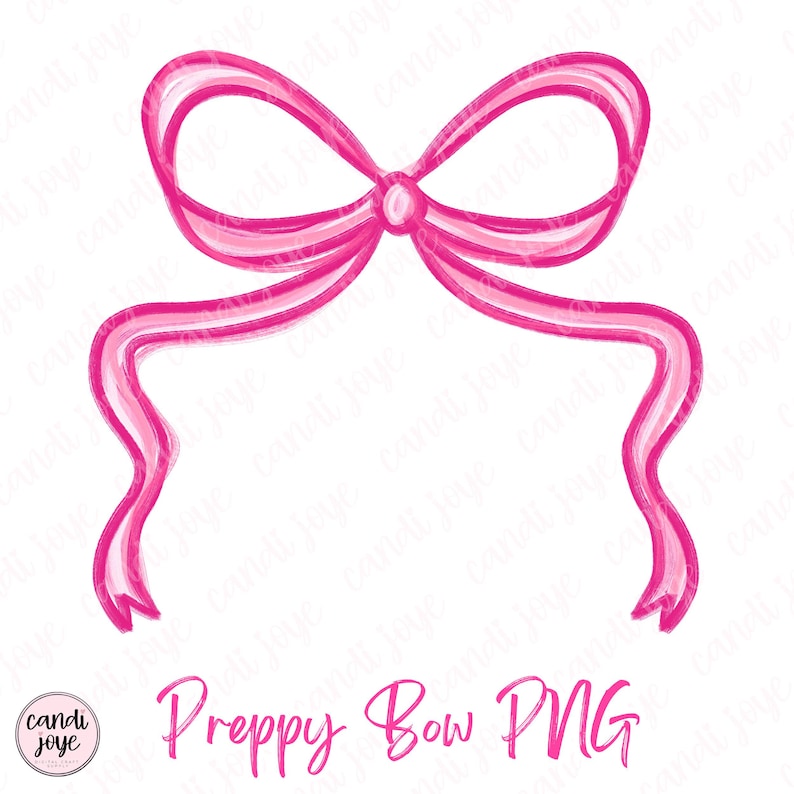 May include: A pink watercolour illustration of a bow with flowing ribbons. The bow is centrally positioned and has a classic shape, with a knot in the middle. The text "Preppy Bow PNG" is written in a cursive font below the bow.