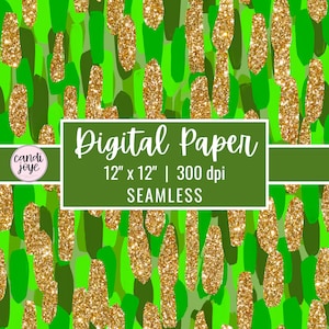 May include: Digital paper with a green and gold glitter design. The design features a repeating pattern of green brushstrokes and gold glitter shapes. The text "Digital Paper" is displayed in white, along with the dimensions 12" x 12" and the word "SEAMLESS".