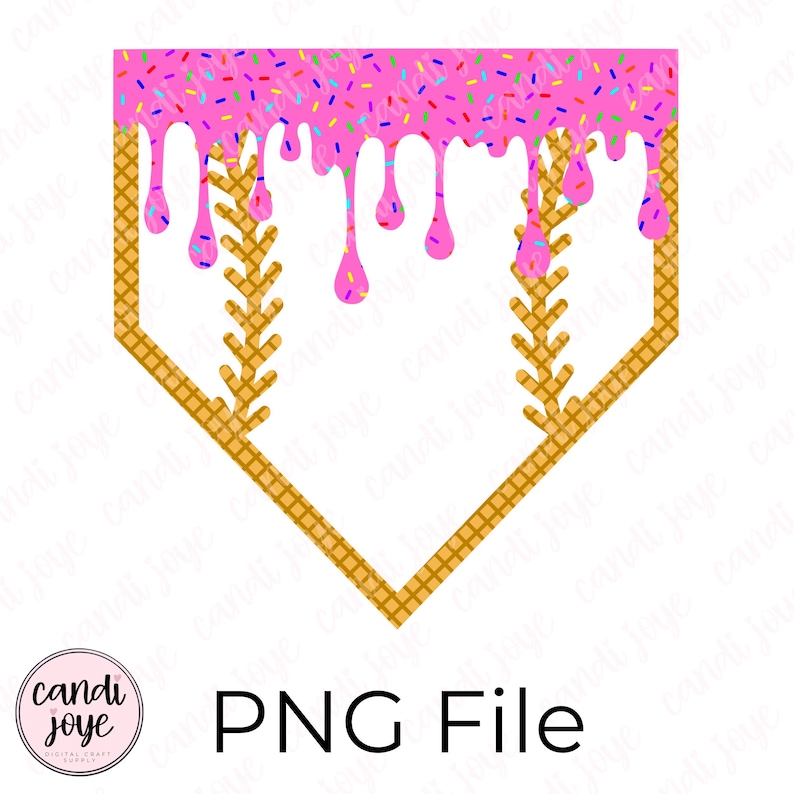 Op de afbeelding: Een digitale PNG-bestand met een honkbal home plate vorm met een wafel-textuur rand. De bovenkant van de plaat is bedekt met roze glazuur met kleurrijke hagelslag, en druipt naar beneden. De tekst "PNG File" staat eronder.