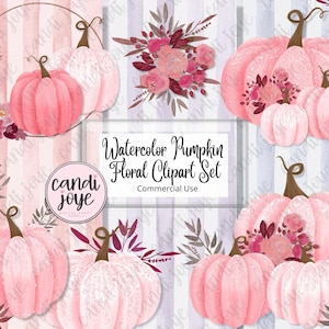 Pink Pumpkin PNG, Watercolor Clipart Set, Fall Clipart, Thanksgiving Clipart, Floral Clipart, Fall Leaves Clipart, Pink Glitter Pumpkin