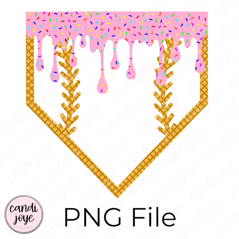 Op de afbeelding: Een digitale PNG-bestand met een honkbal home plate vorm met een wafel-textuur rand. De bovenkant is versierd met roze glazuur en kleurrijke sprinkles, met druipende glazuur accenten. De tekst "PNG File" wordt hieronder weergegeven.