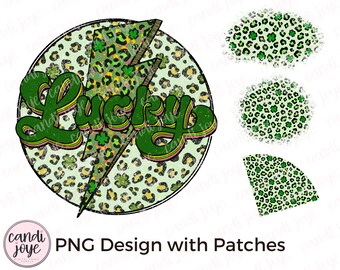 St Patrick's Day PNG - Leopard Print PNG - Lucky Sublimation Design - Lightning Bolt PNG with Matching Patches - St Patty's Day Png