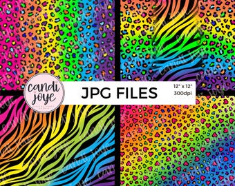 Pacchetto di carta digitale leopardo arcobaleno anni '90, carta per scrapbooking digitale con stampa ghepardo al neon, carta digitale con animali zebrati, sfondo leopardo arcobaleno
