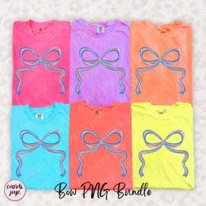 May include: Six colorful t-shirts in pink, purple, orange, blue, coral, and yellow, each featuring a bow design with blue, orange, and white accents. The text "Bow PNG Bundle" is at the bottom.