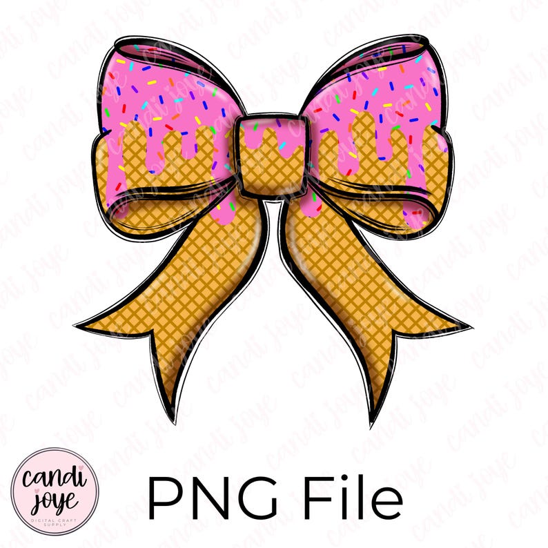 Op de afbeelding: Een digitale PNG-bestand met een strikdesign. De strik heeft een roze bovenkant met kleurrijke hagelslag en druipend roze glazuur. De basis van de strik is een wafelpatroon. De tekst "PNG File" staat eronder.